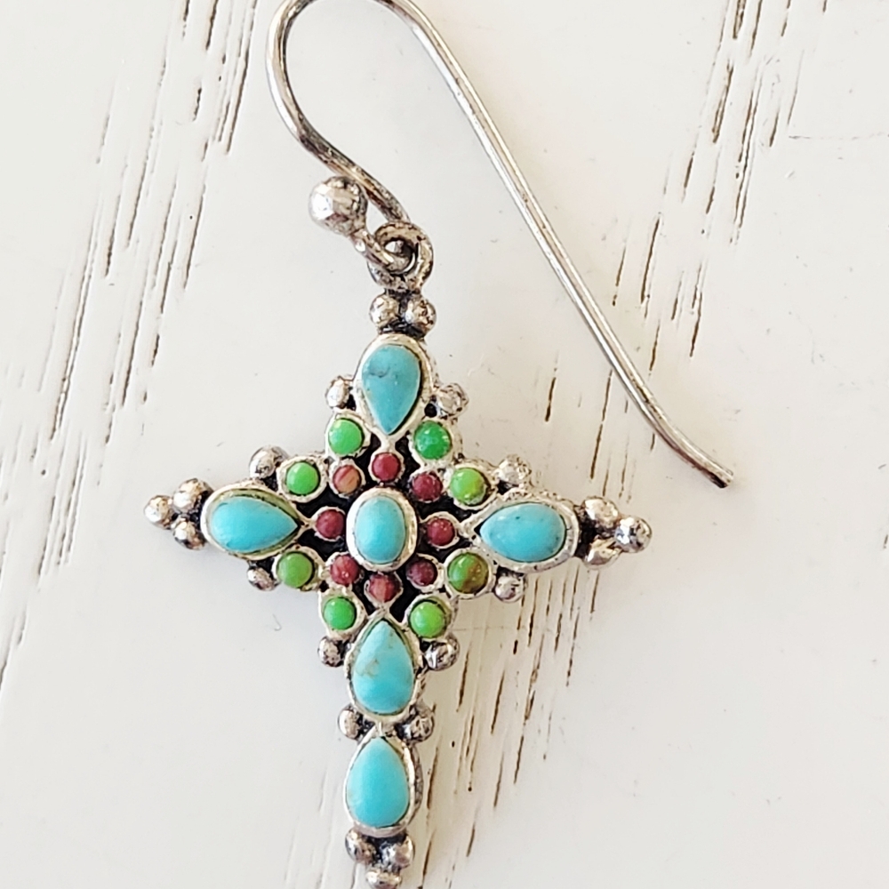 Barse Turquoise/Carneilan 925 Sterling Silver Cross Earrings - Picture 2 of 6